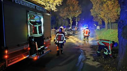 Bild: mde
Frontal gegen den Baum (rechts) war die junge Fahrerin mit ihrem Suzuki Swift geprallt, als diese die Wunsiedler Straße am Montagmorgen stadtauswärts befuhr. Die Kräfte von Polizei, Rettungsdienst und Feuerwehr Kemnath waren vor Ort.