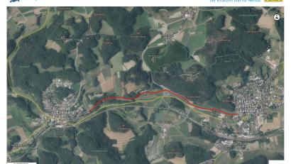 Grafik: Landschaftsarchitekturbüro Neidl &amp; Neidl
Die rote Linie markiert den geplanten Verlauf des Radwegs zwischen Etzelwang und Neukirchen..
