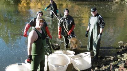 Bild: mma
Abfischen des Gemeindeweihers: Das bedeutete Schwerstarbeit für die freiwilligen Helfer des Fischereivereins Hahnbach.