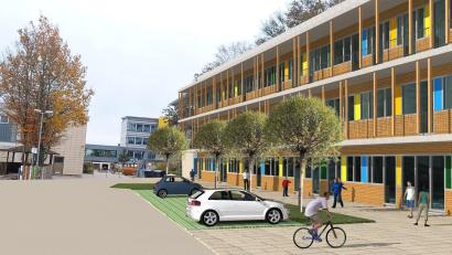 Grafik: Architekturbüro Knipl, Pracht und Partner
Der geplante Neubau des Sonderpädagogischen Förderzentrums in Nabburg, hier die Perspektive der Hofseite mit Blick nach Süden, Im Hintergrund ist das Gebäude der Realschule zu sehen.