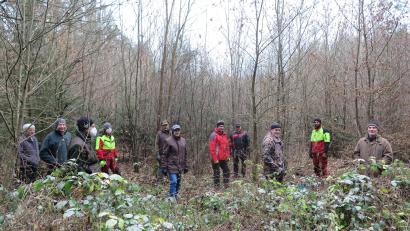 Bild: jzk
Wirtschaftsmeister Markus Schneider (Zweiter von rechts) erklärte den Waldbesitzern im Kastler Kirchwald das richtige Vorgehen bei der Pflege eines Laubbaumbestandes.