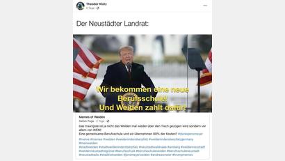 Screenshot: Facebook.com/Theodor.klotz35
Dieses Facebook-Posting von Theodor Klotz findet Landrat Andreas Meier nur bedingt witzig.