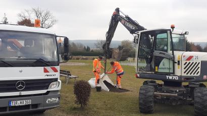Bild: Reinhard Rustler/exb
Die Stadtbauhof-Mitarbeiter Benjamin Müller (rechts) und Max Friedl trafen die Vorbereitungen für die Pflanzung.