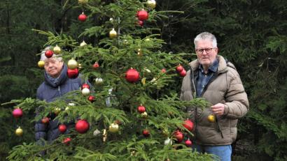 Bild: ubb
Helga und Rainer Ackerschewski hängen den "Christbaum der Herzen", der vor einem Waldstück mitten auf einer Wiese an der Straße zwischen Tirschenreuth und Wondreb steht, jedes Jahr wieder liebevoll an.
