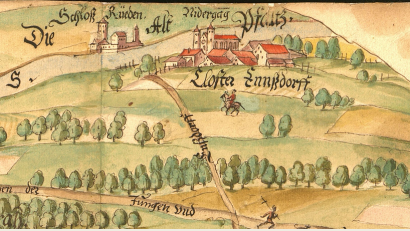 Bild:  Staatsarchiv Amberg/exb
Ausschnitt aus einer 1589 erstellten Karte, auf der auch das Kloster in Ensdorf zu sehen ist. Die Karte war aus Anlass eines Streits um ein Waldgebiet angefertigt worden.