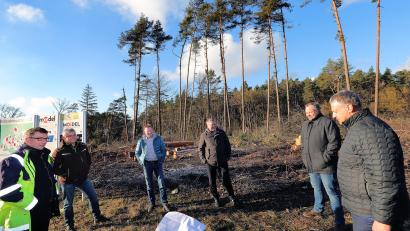 Bild: Wolfgang Steinbacher
Für den Kreisel, der bei Immenstetten entstehen soll, werden derzeit Bäume gefällt. Bei einem Pressetermin sprachen die Verantwortlichen über die Baumaßnahme (von links): Baudirektor Stefan Noll vom Staatlichen Bauamt Amberg-Sulzbach, Uli Hausmann, Geschäftsführer der Forstbetriebsgemeinschaft Amberg-Schnaittenbach, Freudenbergs Bürgermeister Alwin Märkl, Oberbürgermeister Michael Cerny, Freudenbergs Dritter Bürgermeister Christian Drexler sowie Landrat Richard Reisinger.