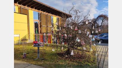 Bild: jow
Der adventlich und vorweihnachtlich dekorierte Haselnussstrauch vor dem Kindergarten in Lintach wartet auf die Spender.