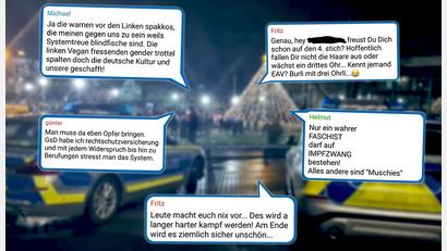 Bild: rw; Grafik: Oberpfalz-Medien
Eine Auswahl der Posts in der Telegram-Gruppe der Weidener Querdenker. Den Teilnehmern geht es in erster Linie um das Thema Impfen. Regelmäßig kommt es aber zu verbalen Entgleisungen und Falschnachrichten ohne Belege.