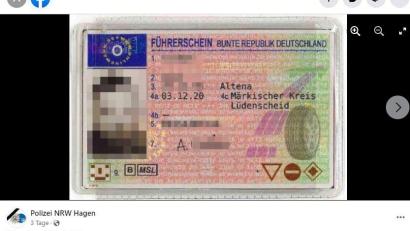 Screenshot: facebook.com/Polizei.NRW.HA
Die Polizei Hagen zeigt den gefälschten Führerschein auf Facebook.