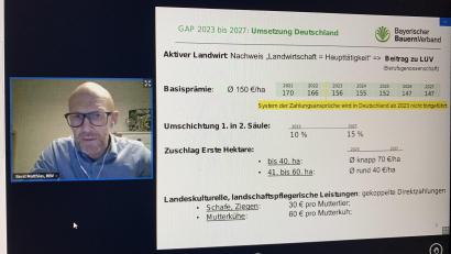 Bild:  Vera Wagner, BBV/exb
Matthias Borst, Bereichsleiter Agrarpolitik im Generalsekretariat des Bayerischen Bauernverbandes, sprach bei einem Online-Seminar..