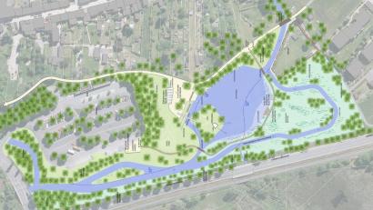 Grafik: Büro NRT/exb
Die Machbarkeitsstudie des Büros NRT ist ein erster Entwurf für die Neugestaltung des Waldnaabparks (rechts). Dabei würde die Waldnaab südlich in einem neuen Bett um das vorhandene Seggenried fließen. Den Teich könnten zwei Wehre abtrennen. Die vorhandene Insel sollte einen Spielturm und Geräte erhalten und über einen Steg erreichbar sein. Die Ideen der Planer sehen auf dem derzeitigen Spielplatz eine Seebühne, eine kleine Kneipp-Anlage sowie einen Bürgertreff vor. Der Rodelhügel würde etwas verschoben.