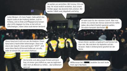 Bild: Petra Hartl
Eine kleine Auswahl der Nachrichten, die in den Amberger Telegram-Kanälen gepostet werden. Hinzu kommen täglich Hunderte von Informationen aus zwielichtigen Kanälen, die zum Großteil von dem Recherchezentrum "Correctiv" in Faktenchecks als Falschmeldungen enttarnt werden. Bild: Petra Hartl, Grafik: Oberpfalz-Medien