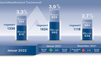Grafik: Oberpfalz-Medien
Im Vergleich zum Dezember um 0,6 Prozent gestiegen ist die Arbeitslosenzahl im Januar.