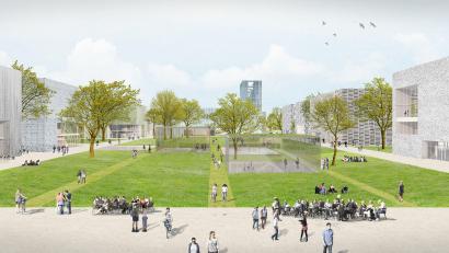 Grafik: Ferdinand Heide Architekt / TOPOS Stadtplanung Landschaftsplanung Stadtforschung/exb
So soll der Campus der neuen TU Nürnberg einmal aussehen. Noch ist allerdings nicht viel davon zu ahnen. Derzeit befindet sich das das erste Gebäude im Bau.