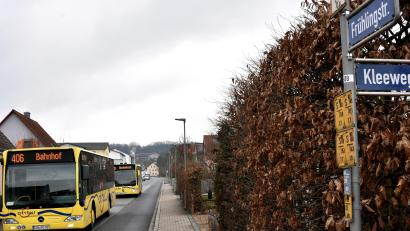 Bild: Stephan Huber
Vorne fährt der 406er Bus durch die Frühlingstraße, direkt dahinter folgt der 410er. Das wird von vielen Anwohnern als Alptraum empfunden. Aus diesem Grund hat der Zweckverband Nahverkehr jetzt reagiert und die Linie 410 gestrichen.