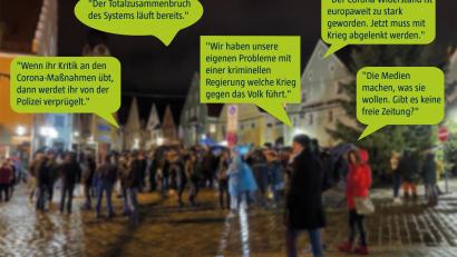 Grafik: Meier, Marco
Bei Anti-Impf-Demos am Schwandorfer Marktplatz werden regelmäßige wirre Verschwörungstheorien verbreitet. Sie haben ihren Ursprung zumeist in Telegram-Gruppen, wie eine Recherche von Oberpfalz-Medien ergibt.