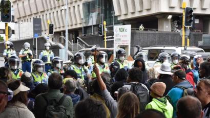 Bild: Ben Mckay/AAP/dpa
Demonstranten, die gegen das Impfmandat protestieren, stehen vor dem Parlamentsgebäude in Wellington.