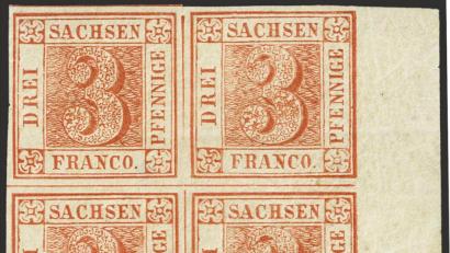 Bild: -/Heinrich Köhler Auktionshaus /dpa
Ein Viererblock des „Sachsendreiers“ soll unter den Hammer kommen.