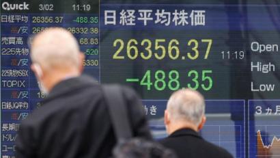 Bild: Rodrigo Reyes Marin/ZUMA Press Wire/dpa
Menschen mit Mund-Nasen-Schutz gehen an einer elektronischen Börsentafel vorbei, die den japanischen Nikkei-Aktienindex anzeigt.
