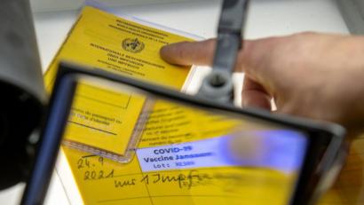 Bild: Stefan Puchner/dpa
Gefälschte Impfpässe unter einer Lupe (Symbolbild).