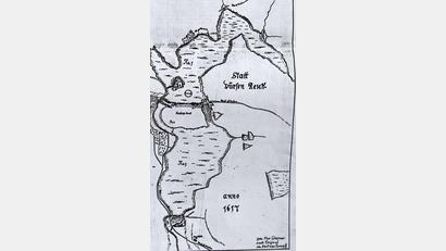 Bild: tsp
Diese Karte war es, die Max Gleißner auf die Idee brachte, den alten Stadtteich wieder anzulegen. Hartmann Rumpff hat 1617 im Auftrag von Kurfürsten Friedrich V., dem späteren Winterkönig, die "Stadt im Teich" vermessen, ein Jahr vor Ausbruch des 30-jährigen Krieges.