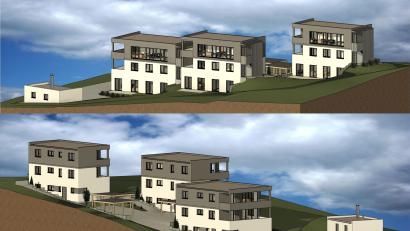 Bild: Josef Reger Wohnbau GmbH/ exb
Am Flosser "Sonnenhang" entstehen nicht nur Einfamilienhäuser, sondern auch Mehrfamilienhäuser. Diese baut ein Vohenstraußer Bauunternehmen. Fertigstellung soll Mitte 2023 sein