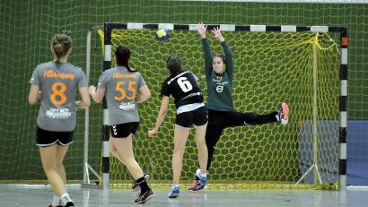 Bild: Hubert Ziegler
Selina Käferstein vom HV Oberviechtach prüft in dieser Szene die Amberger Torhüterin Hannah Ludwig, beobachtet von Christina Beer und Martina Kardos (von links) von der HG Amberg.