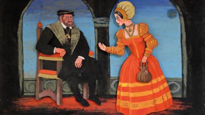 Bild: Museen der Stadt Regensburg, Foto: Stadt Regensburg, Bilddokumentation, Peter Ferstl, Inv.Nr. K 2021/28
Das Werk von Heinrich Welck zeigt eine dreiteilige Bühnenkulisse der Moritat der Barbara Blomberg.