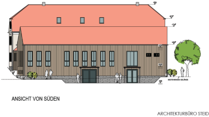 Bild: Architekturbüro Steidl/exb
Mehr Dominanz soll der südliche Bauteil erhalten. Diesen sehen Besucher zuerst, wenn sie von der B299 kommend nach Premenreuth fahren.
