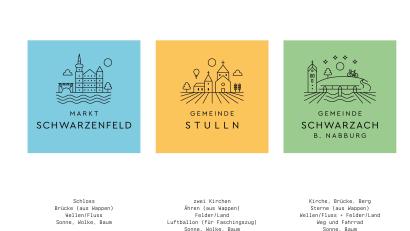 Grafik: Büro Wilhelm
Die Identität der drei Mitgliedsgemeinden findet sich in den Logos der Gemeinden wieder, die das Amberger Büro Wilhelm entworfen hat.