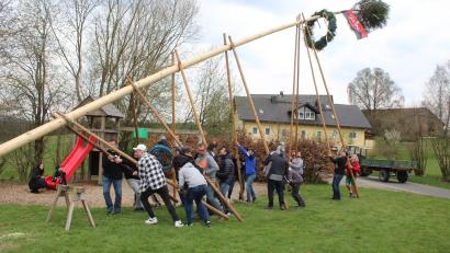 Bild: soj
Die Hermannsreuther Dorfgemeinschaft stellte ihren Maibaum mit reiner Muskelkraft auf. Bezeichnend für die Freundschaft zum 1.FC Nürnberg ist die Clubfahne am oberen Teil des Maibaums