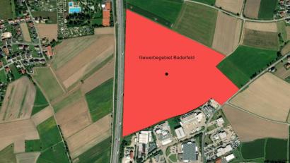 Grafik: Oberpfalz-Medien/Quellen: Stadt Nabburg und Mapcreator.io
Auf der rot markierten Fläche entsteht das neue Nabburger Gewerbe- und Industriegebiet "Baderfeld". Es wird im Westen begrenzt von der A 93 (links) und liegt nördlich der bestehenden Firmen TBG, Inotech, Strubl und Schwarz (unten).