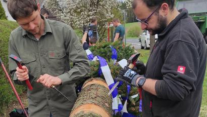 Bild: lgc
Das Anbringen der Jahreszahl gehört zum Maibaumaufstellen. Mit Stemmeisen und Hammer ist das zu zweit verhältnismäßig schnell erledigt.