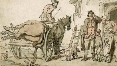 Bild: Thomas Rowlandson/exb 
Die Zeichnung einer typischen "Abdeckerszene" stammt von Thomas Rowlandson und dürfte um 1800 entstanden sein. Das Bild ist auch in Obermeiers Buch enthalten. Von sich selbst will sie dagegen kein Foto veröffentlicht sehen.