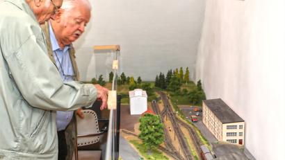 Bild: njn
Von Interesse für Groß und Klein war die Lokalbahn Erbendorf-Reuth im H0-Maßstab. Auf dem Bild ist die Haltestelle Südbahnhof zu sehen, mit dem früheren Schmucker-Lagerhaus (links) und der Kofferfabrik BERMAS (rechts).