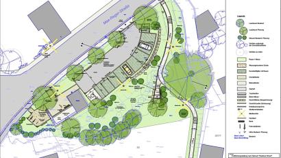 Bild: Landschaftsarchitektin Marion Schlichtiger/exb
Parkplätze, eine E-Ladesäule, Sitzbänke und reicher Bewuchs werden in den neuen Planungen rund um das ehemalige Gasthaus "Goldener Hirsch" bedacht. Ein Tante-Emma-Laden ist an diesem Standort nicht mehr vorgesehen.