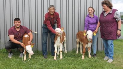 Bild: pi
Markus Lukas (links) freut sich mit Partnerin Sonja sowie seinen Eltern Rosa und Theo über die Drillingskälber.