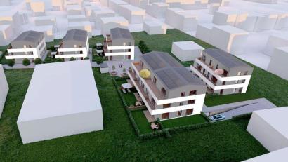 Bild: Projektbau Dimonda GmbH, Weiden
Zwischen Danziger Straße (rechts) und Frauenrichter Straße (links) in Weiden errichtet die Dimonda Projektbau 26 Eigentumswohnungen in einem bestehenden Gebäude, das saniert wird, und in drei Neubauten. Ein vierter Neubau (links im Bild) bleibt Option für weitere 6 Wohnungen.