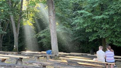 Bild: eik
Morgenstimmung auf dem Mariahilfberg: Um kurz vor 7 Uhr fallen die ersten Sonnenstrahlen zwischen den Bäumen auf die Bänke unterhalb des Freialtars. Zwei Besucher genießen den Moment.