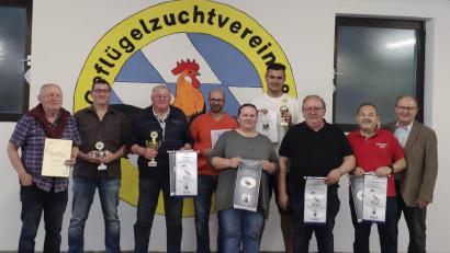 Bild: Tanja Bladeck/exb
Der Geflügelzuchtverein 1880 Kümmersbruck-Amberg nimmt Auszeichnungen vor (von links): Gerhard Desat, Stephan Meiler, Oswald Jobst, Denis Koller, Melanie Kopezki, Simon Bladeck, Vorsitzender Josef Schlegl, Franz Hierl und Dritter Bürgermeister Hubert Blödt.