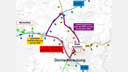 Grafik: Stefan Noll, Staatliches Bauamt Amberg-Sulzbach
Der betroffene Teil des Straßennetzes einschließlich der Umleitungsstrecke.
