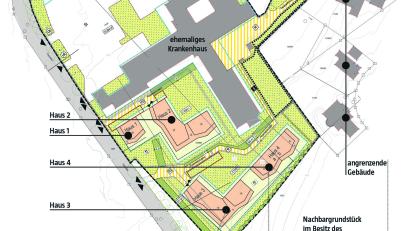 Grafik:  Martin Zimmer - NT/AZ; Quelle: Architektur Pfaller
Der öffentlich ausliegende Bebauungsplan für das ehemalige Krankenhausareal in Neustadt sieht fünf neue Gebäude rund um die ehemalige Klinik vor.