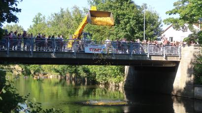 Bild: Kunz
Ein Radlader kippt 5800 Gummienten in den Flutkanal.