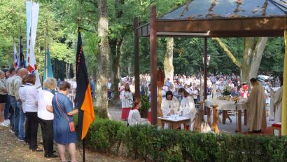 Bild: mfh
.Viele Gläubige und die Fahnenträger der kirchlichen Verbände aus Sulzbach-Rosenberg sind zur Eröffnung der Wallfahrtswoche um den Freialtar auf dem Annaberg versammelt.