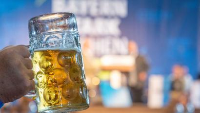 Bild: Armin Weigel/dpa/Symbolbild
Ein Mann hält eine Maß Bier hoch.