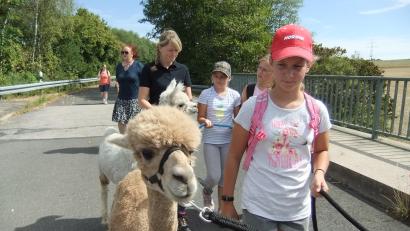 Bild: gm
Ministrantin Selina (mit roter Mütze) und ihr Alpaka Emma sind ein Herz und eine Seele.