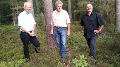 Bild: Anton Preischl, Forstrevier Vilshofen
Besuch bei einem Preisträger: (von links) Wolfram Güthler, Staatsministerium für Umwelt und Verbraucherschutz, der 2021 für den Erhalt von Totholz und Biotopbäumen ausgezeichnete Richard Beer und Philipp Roidl von der Unteren Naturschutzbehörde am Landratsamt Amberg-Sulzbach. Vor ihnen steht einer der gewonnenen Elsbeerbäume.