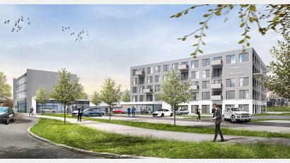 Bild: KRE Group/exb
Mit dieser Visualisierung stellte die KRE-Group im Januar 2020 das geplante Hotel (rechts) am Schwandorfer Brunnfeld vor. Für das zweite Gebäude (links) sind eine Bäckerei und Büros im Gespräch.