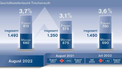 Bild: Oberpfalz-Medien/Quelle: Agentur für Arbeit
Der Arbeitsmarkt im Landkreis Tirschenreuth im August 2022.