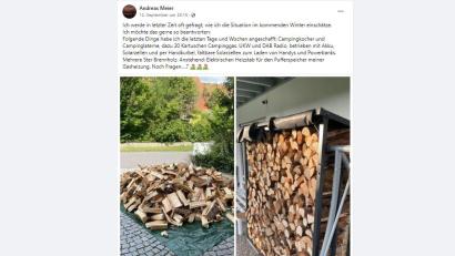 Screenshot: Facebook-Profil Andreas Meier
Andreas Meier, Landrat des Landkreises Neustadt/WN, will im Winter unabhängig sein von Strom und Erdgas und hat dafür unter anderem einen großen Brennholz-Vorrat angelegt.